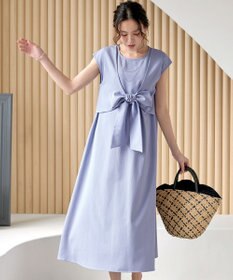 Tiaclasse L 【2WAY・洗える】ウエストリボンフレンチスリーブマキシワンピース