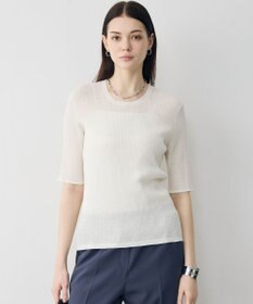 ICB リネンブレンドシアー クルーネックリブニット オフホワイト
