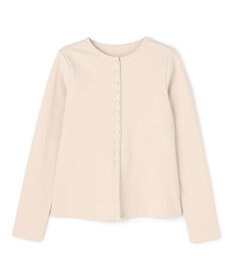 UNFILO ドライタッチリブ カーディガン ベージュ×パールボタン