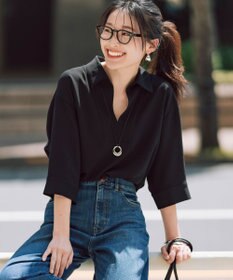 23区 L ストレッチジョーゼット スキッパー ブラウス ブラック系