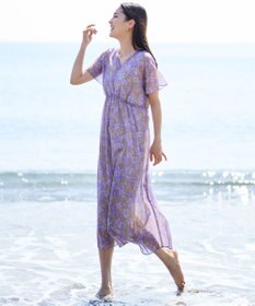 自由区 【SHIHOさん着用・シアーな抜け感】ハーバリウムフラワープリントVネック ワンピース サンタンブラウン×ラベンダー