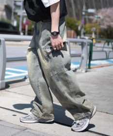 WEGO 【SMLサイズ展開/ウエスト紐】イージー3Dバレルレッグデニムカーゴパンツ