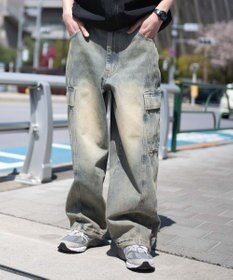 WEGO 【SMLサイズ展開/ウエスト紐】イージー3Dバレルレッグデニムカーゴパンツ