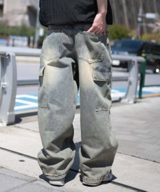 WEGO 【SMLサイズ展開/ウエスト紐】イージー3Dバレルレッグデニムカーゴパンツ