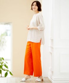 自由区 【洗える】リネンストライプ ボートネックブラウス