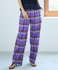 自由区 【SHIHOさん着用・セットアップ対応】コットンリネンチェックワイドストレート パンツ パープル×ブラウン系