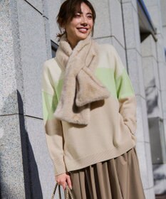 23区 L 【洗える】ウールカシミヤ カラーブロック チュニック ニット ライムグリーン