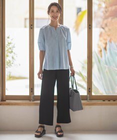 J.PRESS LADIES 【洗える】BEZ空羽ストライプ クルーネック V開き ブラウス