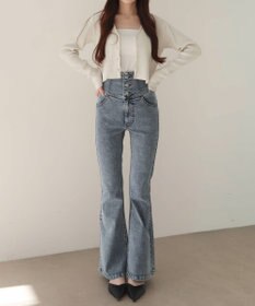 WEGO 【ストレッチ/美脚/脚長シルエット/XSSMサイズ展開】ハイウエストストレッチフレアデニムパンツ