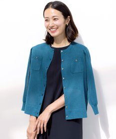J.PRESS LADIES 【シーンレスに活躍】SHEER GLOSS KNIT クルーネック カーディガン ブルーグリーン系