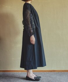 muuc キャッチ袖ワンピース〈日本製〉〈上品な透け感〉〈ベルト付きでAラインも〉〈体型カバー・フリーサイズ〉〈モードな異素材・オーガニックコットン使用〉