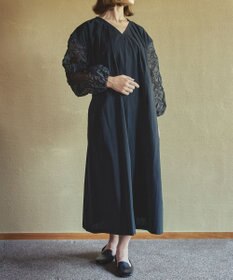 muuc キャッチ袖ワンピース〈日本製〉〈上品な透け感〉〈ベルト付きでAラインも〉〈体型カバー・フリーサイズ〉〈モードな異素材・オーガニックコットン使用〉