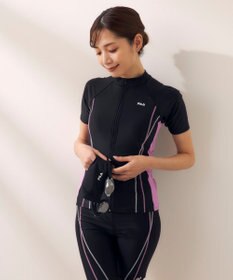 OP／FILA 【FILA】フルジップ半袖フィットネス水着4点セット/キャップ＆ミラーゴーグル付き