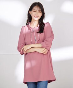 Tiaclasse L 【洗える】配色ボウタイパフ袖チュニックブラウス