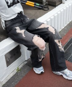 WEGO ダメージストレートデニムパンツ