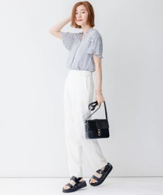 23区 【洗える】ランダムストライププリント キーネック ブラウス