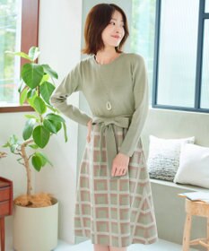 Tiaclasse 【洗える】リボンベルト付きチェック柄ニットワンピース