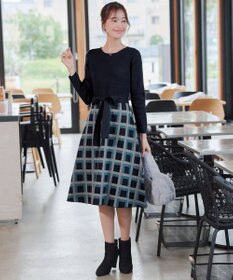 Tiaclasse 【洗える】リボンベルト付きチェック柄ニットワンピース