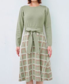 Tiaclasse 【洗える】リボンベルト付きチェック柄ニットワンピース