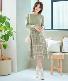 Tiaclasse 【洗える】リボンベルト付きチェック柄ニットワンピース