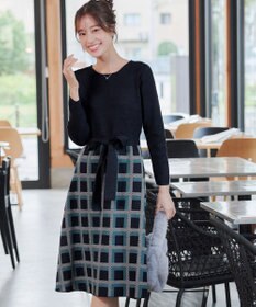 Tiaclasse 【洗える】リボンベルト付きチェック柄ニットワンピース