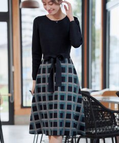 Tiaclasse 【洗える】リボンベルト付きチェック柄ニットワンピース