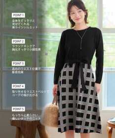 Tiaclasse 【洗える】リボンベルト付きチェック柄ニットワンピース