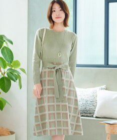 Tiaclasse 【洗える】リボンベルト付きチェック柄ニットワンピース