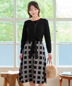 Tiaclasse 【洗える】リボンベルト付きチェック柄ニットワンピース