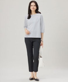 自由区 L 【接触冷感・UVカット・洗える】ストライプコットンハイゲージフォルムスリーブ カットソー