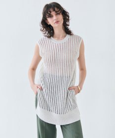 BEIGE， 【洗える】ALOE / コットンメッシュオーガンジーノースリーブニット