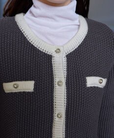 Tiaclasse 【洗える】ミドル丈配色ノーカラーニットジャケット