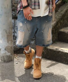 WEGO ダブルニーダメージデニムショーツ