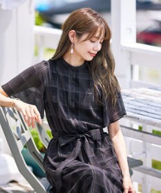 Tiaclasse L 【新色追加・洗える】チェック柄フレア袖シアーワンピース