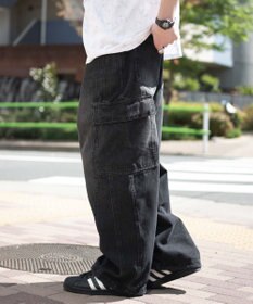 WEGO 【SMLサイズ展開/ウエスト紐】イージー3Dバレルレッグデニムカーゴパンツ