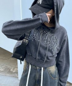 WEGO グラフィックアシッドウォッシュショートプルパーカー