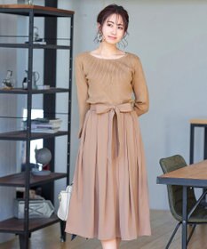 Tiaclasse L 【洗える】異素材を組み合わせたミモレ丈リブコンビワンピース