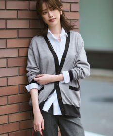 23区 L 【洗える】サステナブルウール Vネック バイカラー カーディガン ライトグレー×ネイビー