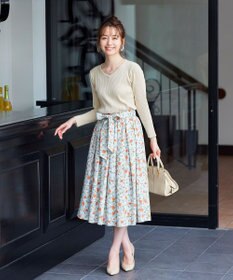 Tiaclasse 【洗える】異素材を組み合わせた花柄リブニットコンビワンピース