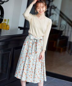 Tiaclasse 【洗える】異素材を組み合わせた花柄リブニットコンビワンピース