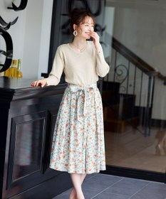 Tiaclasse 【洗える】異素材を組み合わせた花柄リブニットコンビワンピース