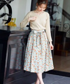 Tiaclasse 【洗える】異素材を組み合わせた花柄リブニットコンビワンピース