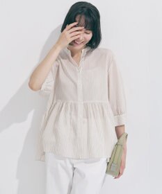 UNFILO ペプラム ギャザーブラウス ベージュストライプ