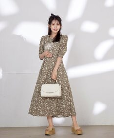 Tiaclasse L 【洗える】ギャザースリーブ花柄ワンピース