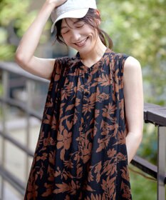 Tiaclasse 【洗える】麻レーヨンボタニカルシャツワンピース