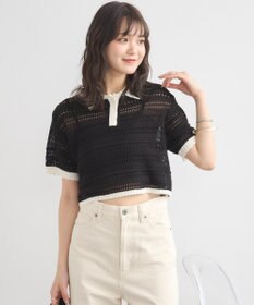 earth music&ecology キラキラボタン透かしニットポロ