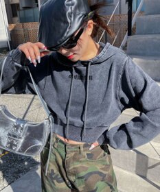 WEGO グラフィックアシッドウォッシュショートプルパーカー