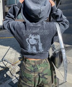 WEGO グラフィックアシッドウォッシュショートプルパーカー