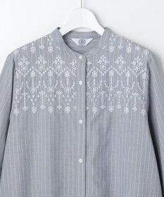 J.PRESS LADIES L ストライプ×エンブロイダリー バンドカラー ブラウス