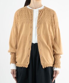 muuc 〈コットン100%強撚糸〉〈通気性が高いドライタッチな素材〉肩周り透かし編み・袖口レース編み コットンカーディガン